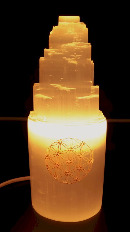 Lampe Sélénite Montagne Gravée 20cm - Fleur de Vie