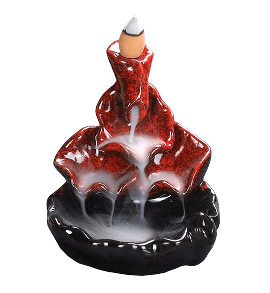 Porte-Encens Backflow Céramique Feuilles de Lotus 10cm – Rouge